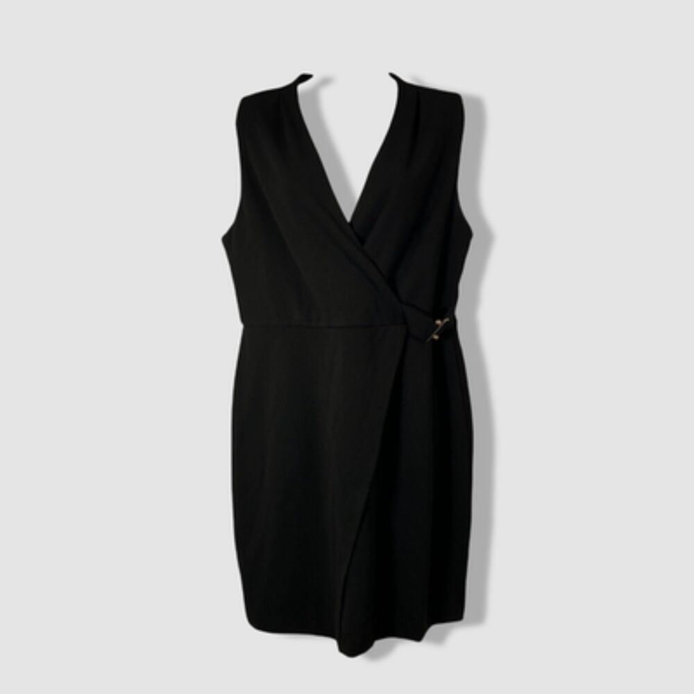 Tahari ASL Black Sleeveless Faux Wrap Buckle Dress Size 14 Work Career Office